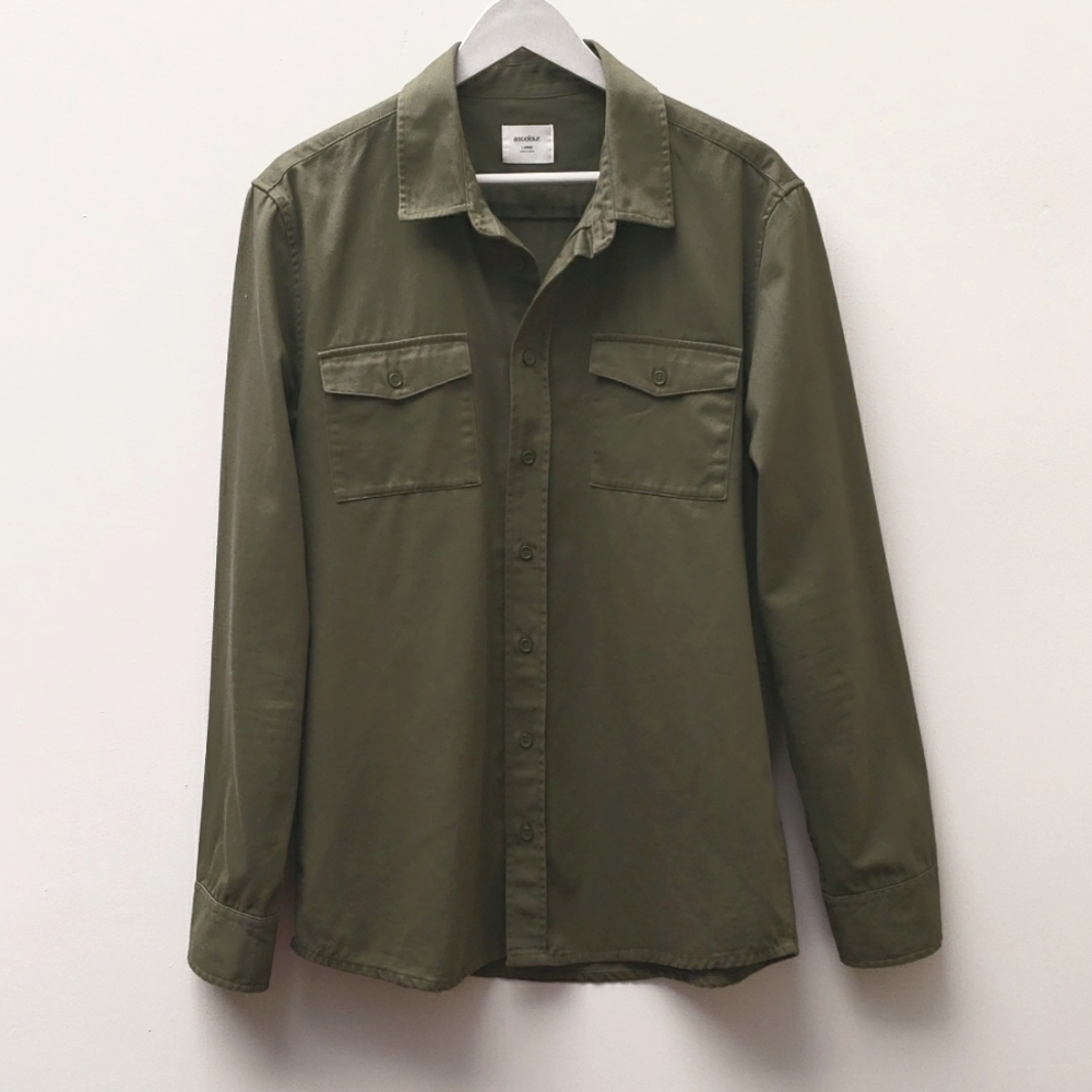 Ascolour Army Green Long Sleeve Buttoned Down Graphic Back Shirt Men's Size L